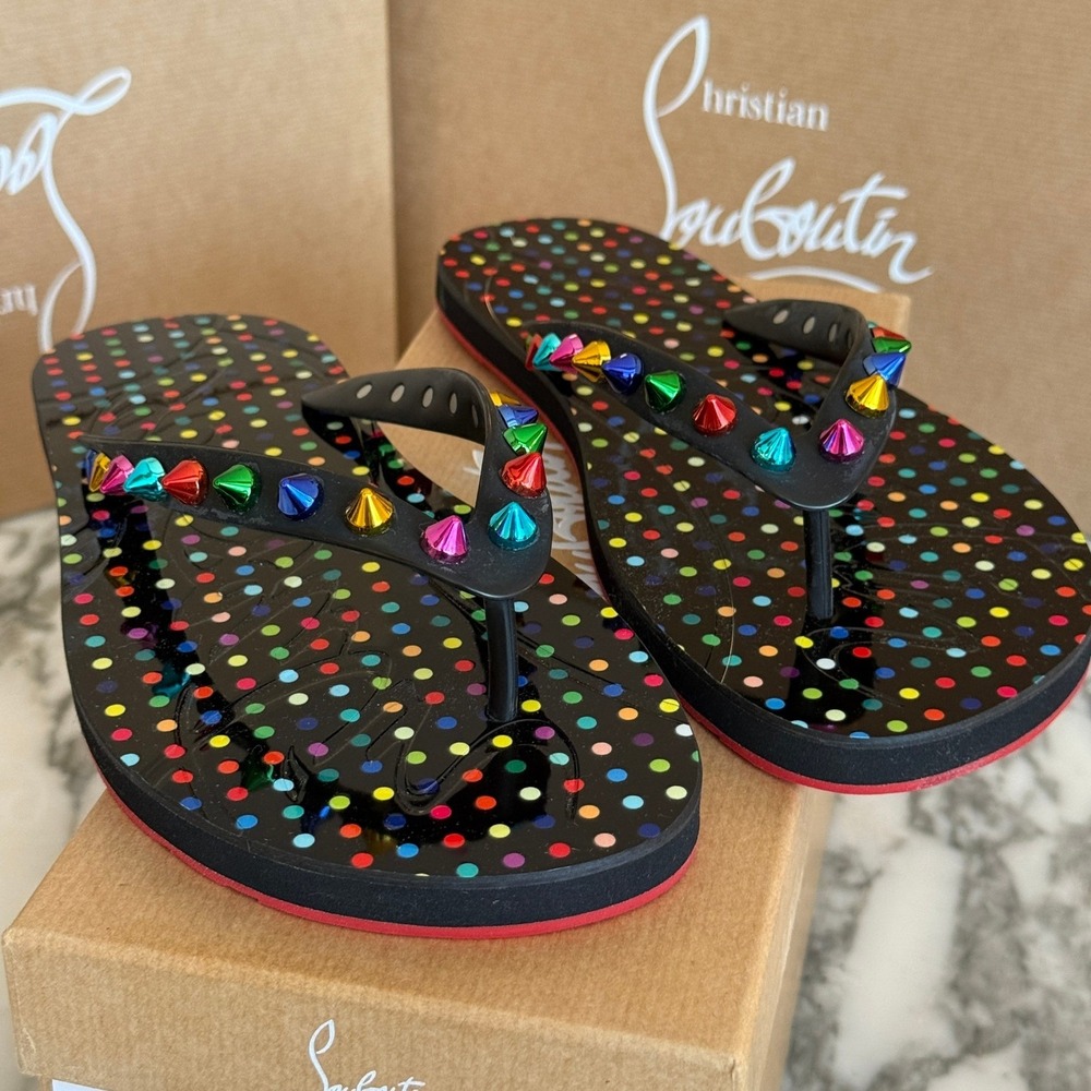 Christian Louboutin Loubi Flip Spikes Multicolor Sandals Red Bottom, 36